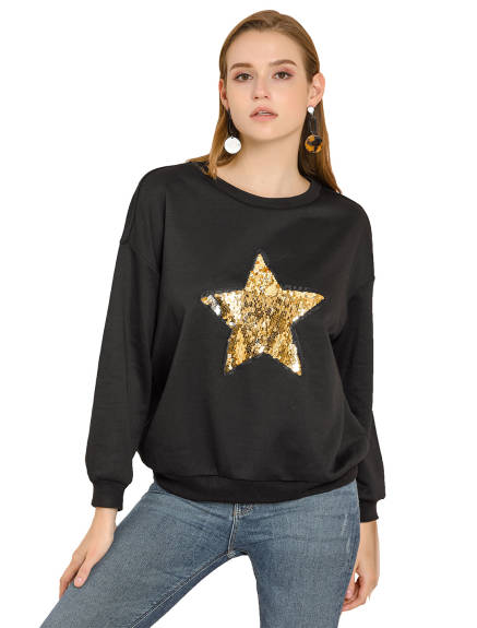 Allegra K- Sequin Star Crew Neck Long Sleeve Sweatshirt Top