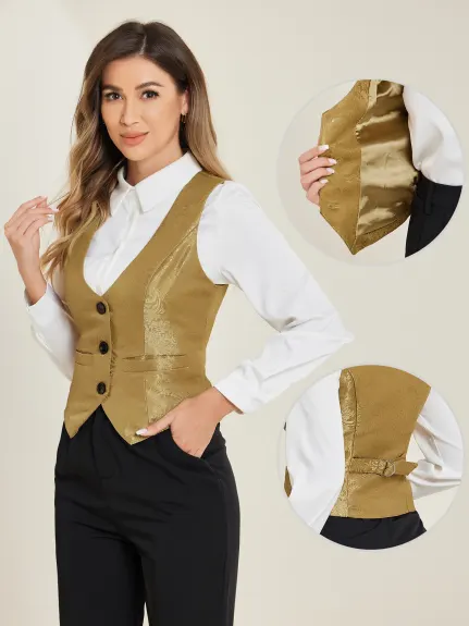 Allegra K- Vintage Waistcoat Button Up Jacquard Suit Vest