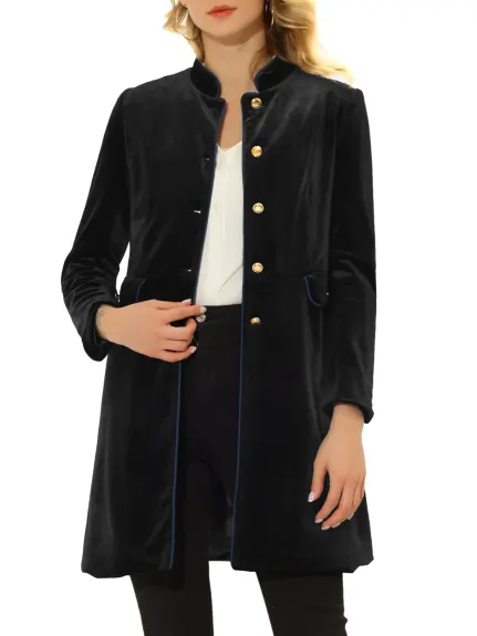 Allegra K- Velvet Contrast Trim Stand Collar Single Breasted Long Coat Jacket