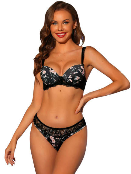 Allegra K- Push-Up Floral Lace Underwired Bras and Panties Set