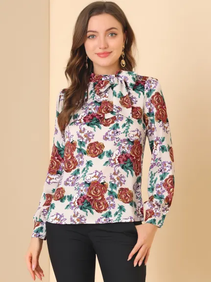 Allegra K- Floral Puffy Long Sleeve Side Bow Tie Neck Top