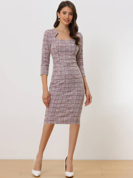 Allegra K- 3/4 Sleeve Plaid Tweed Bodycon Dress