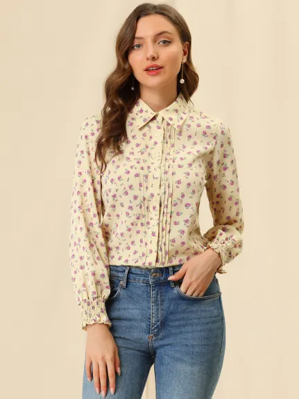 Allegra K- Point Collar Floral Button Down Blouse Shirt