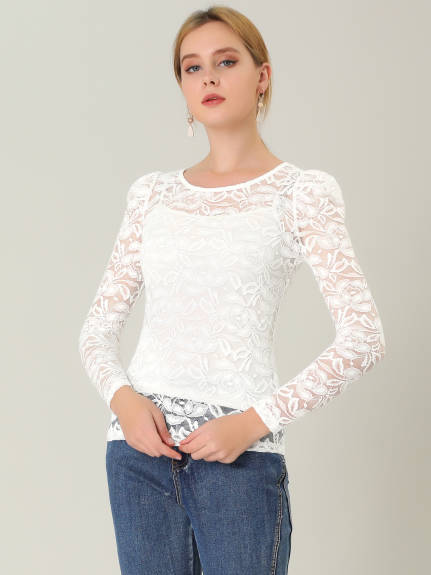 Allegra K- Lace Embroidery Semi Sheer Vintage Puff Sleeve Top