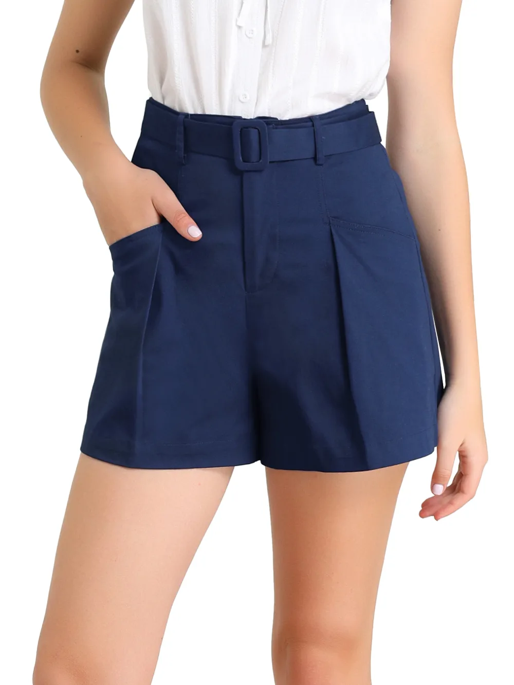 Allegra K - Short de travail taille haute en coton avec ceinture d'été