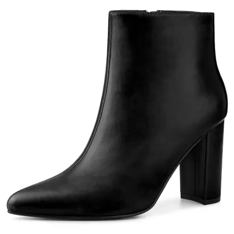 Allegra K - Pointed Toe Block Heeled PU Ankle Boots