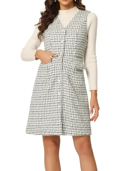 Allegra K- V Neck Button Down Vintage Sleeveless Plaid Tweed Dress
