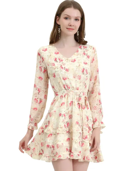 Allegra K- Long Sleeve Belted Ruffle Chiffon Floral Dress