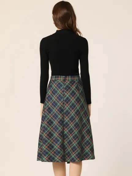 Allegra K- Plaid Tartan Belted A-Line Midi Skirt