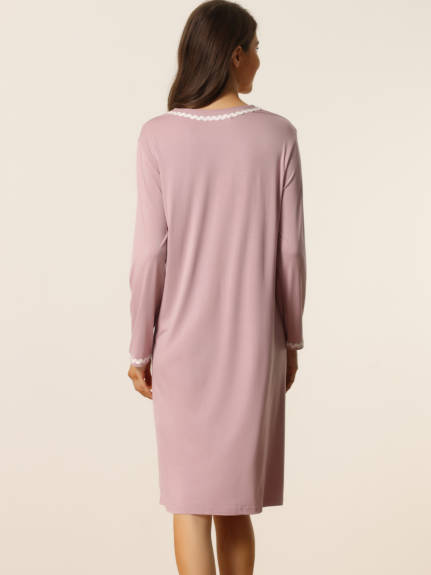 cheibear - Button Down Long Sleeve Dress Nightshirt
