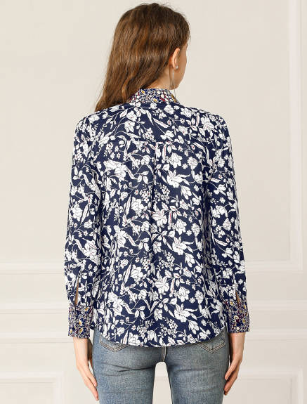 Allegra K- Bow Tie Long Sleeve Contrast Color Floral Blouse