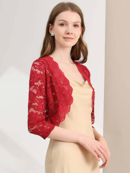 Allegra K- Women's Elegant 3/4 Sleeve Sheer Floral Lace Shrug Top