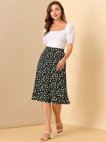 Allegra K- Floral Ruffle A-Line Split Midi Skirt