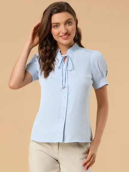 Allegra K - Puff Short Sleeves Tie Neck Button Down Shirt