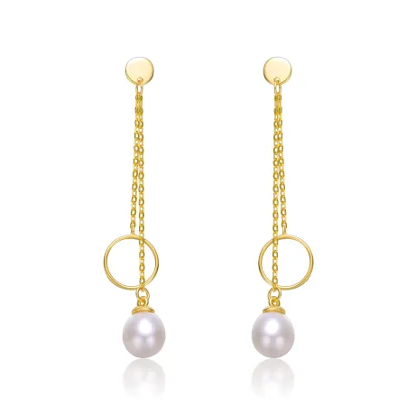 Genevive Boucles d'oreilles en argent sterling plaqué or jaune 14 carats avec perles blanches et cercle d'éternité asymétriques à double goutte linéaire à franges