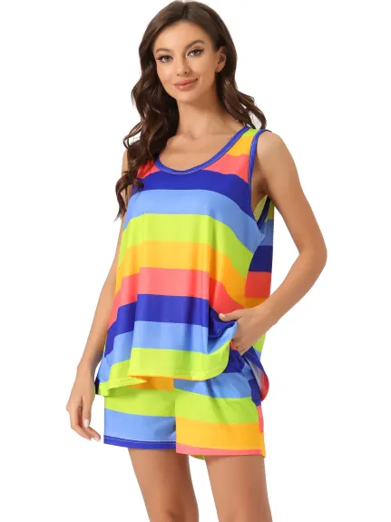 cheibear - Rainbow Stripe Lounge Outfits with Pockets