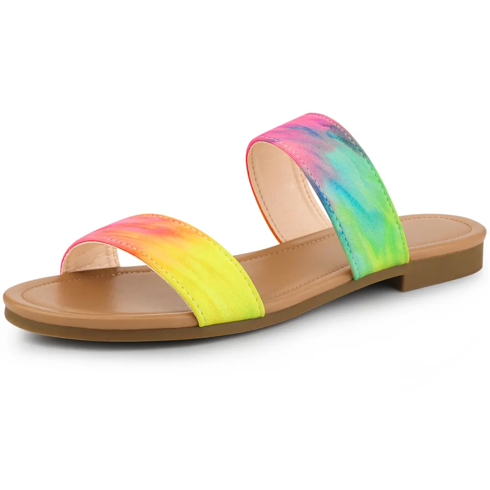 Allegra K - Tie Dye Dual Straps Slip-on Flat Sandals