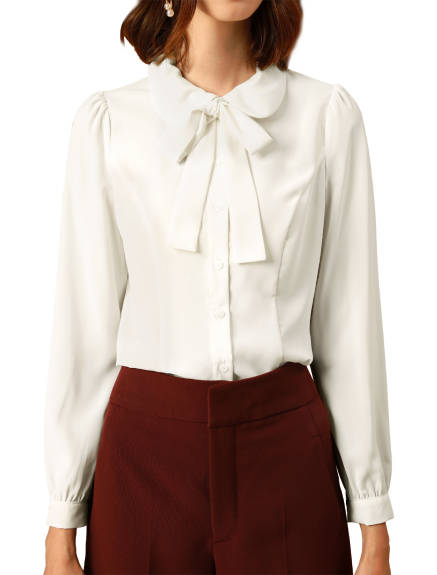 Allegra K- Peter Pan Collar Blouse Bow Tie Neck Vintage Button Up Shirt