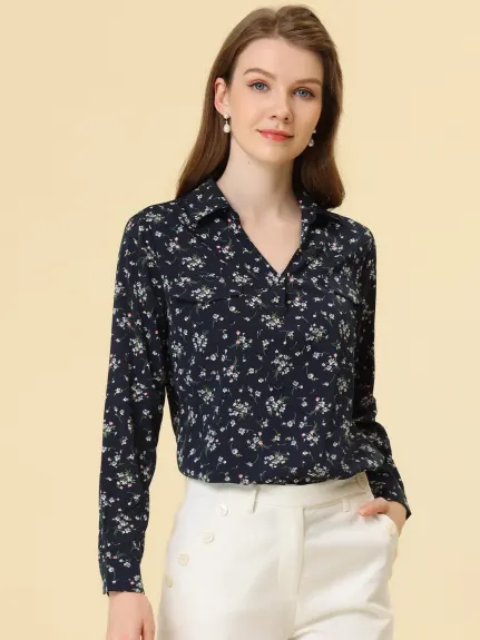Allegra K- V-Neck Shirt Floral Faux Pocket Blouse