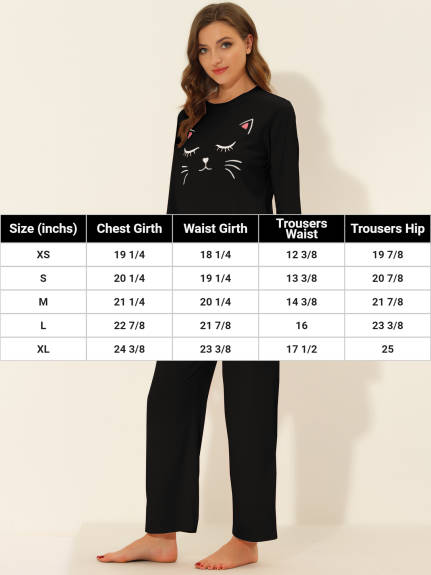 cheibear - Long Sleeve Cat Pattern Cute Pajamas Set