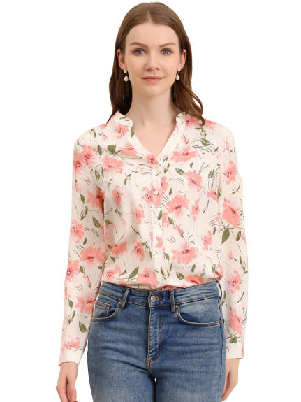 Allegra K- chemise boutonnée col V haut manches longues Blouse florale