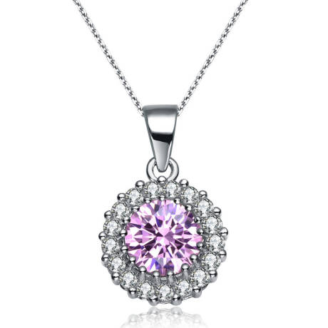 Genevive Sterling Silver with Colored Cubic Zirconia Round Pendant Necklace