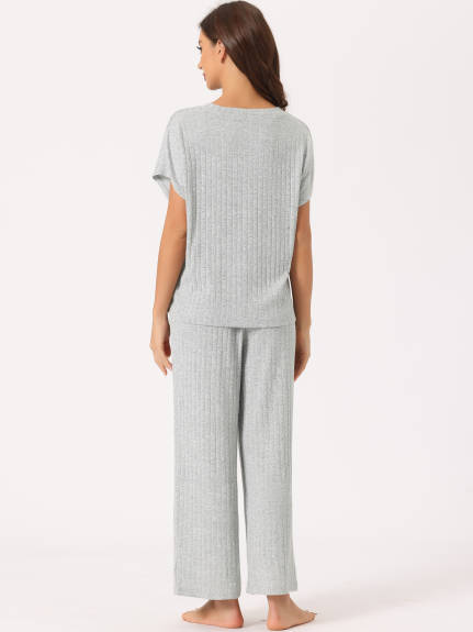 cheibear - Ribbed Knit Lounge Pajama Sets