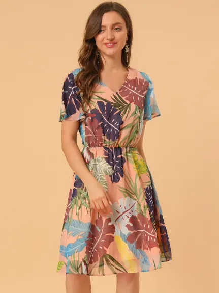 Allegra K- Leaf Prints V-Neck Belted Chiffon Dress