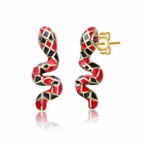 Rachel Glauber 14k Yellow Gold Plated with Ruby Cubic Zirconia Black & Red Enamel 3D Slithering Curling Snake Earrings