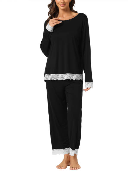 cheibear - Lace Trim Soft Shirt and Pants Sleepwear 2pcs