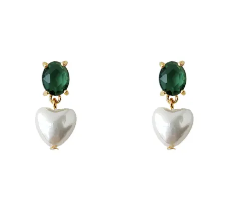 Goldtone Green Oval Crystal & Faux Pearl Heart Earrings - Don't AsK