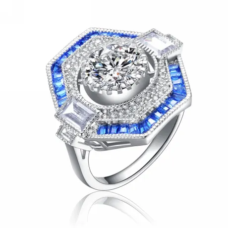 Genevive Sterling Silver White Gold Plated with Baguette and Round Cubic Zirconia Modern Ring Size 6