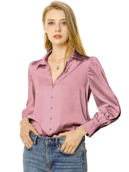 Allegra K- Satin Blouse Puff Sleeve Point Collar Shirt