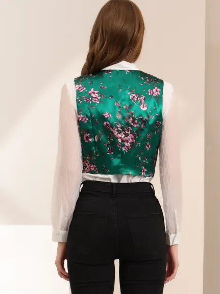 Allegra K- Floral V Neck Button Satin Waistcoat Vest
