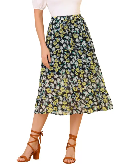 Allegra K- Floral Sunflower Tiered Chiffon A-Line Skirt