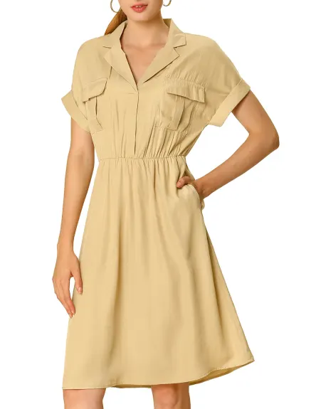 Allegra K- Notched Lapel V-Neck A-Line Shirt Dress