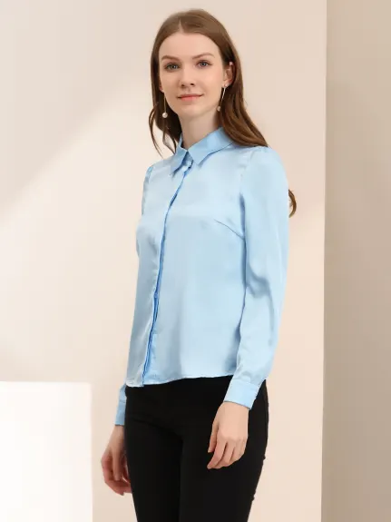 Allegra K- Point Collar Long Sleeve Satin Shirt