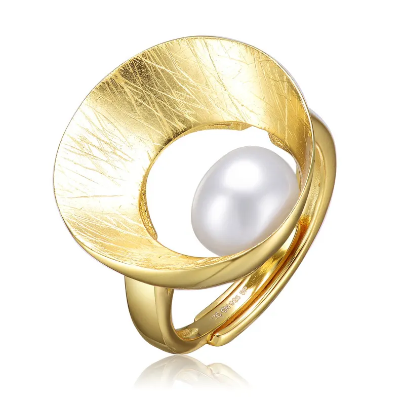 Sterling Silver 14k Gold Plated with Genuine Freshwater Pearl Geometric Ring