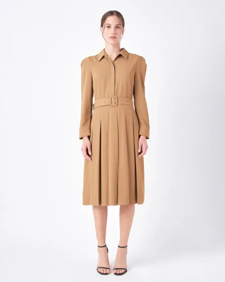 English Factory- Pleated Collared Long Sleeve Midi Dress