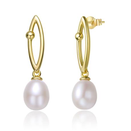 Genevive Sterling Silver 14k Yellow Gold Plated with Pearl & Cubic Zirconia Oblong Marquise Drop Earrings