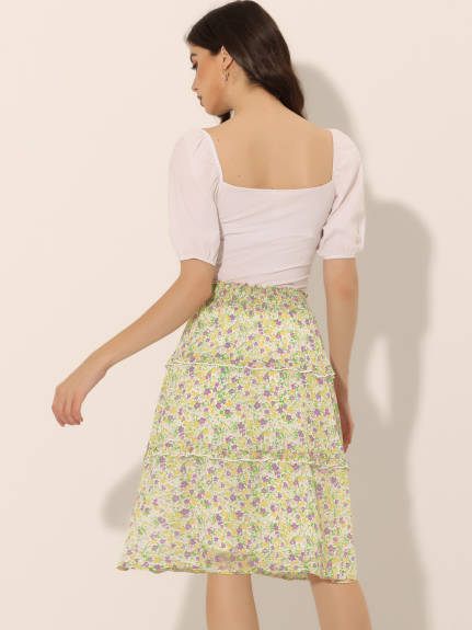 Allegra K- Women's Floral Smocked Waist Ruffle Tiered Skirt