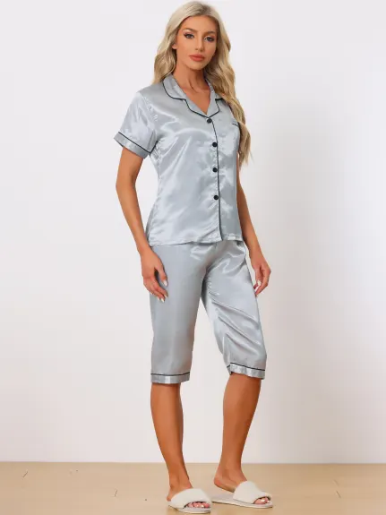 cheibear - Lounge Top and Capri Pants Satin Pajama Sets
