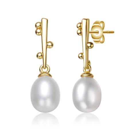 Genevive Sterling Silver 14k Yellow Gold Plated with White Pearl & Cubic Zirconia Linear Stick Earrings