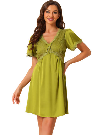 cheibear - Lace Trim V Neck Lounge Nightgowns