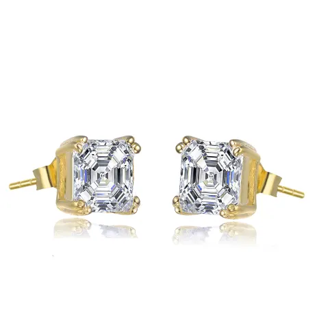 Genevive Cubic Zirconia Sterling Silver Assher Cut Square White or Gold Plated Stud Earrings