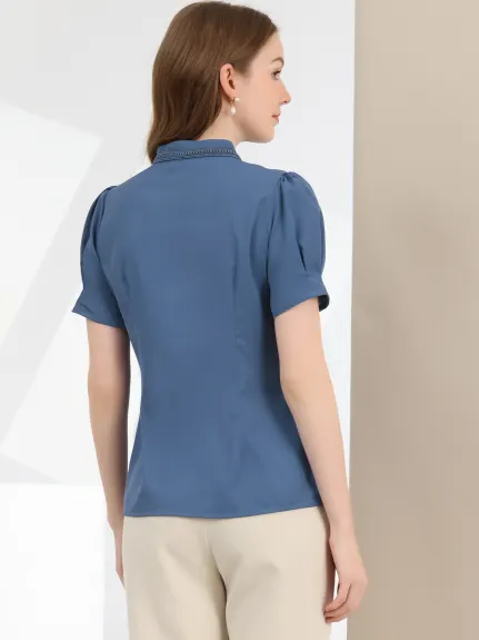 Allegra K - Puff Short Sleeves Tie Neck Button Down Shirt