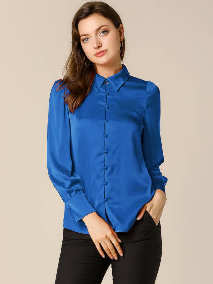Allegra K- chemisier en Satin pour femmes Puff manches col Point Dressy Vintage Button Up Shirt
