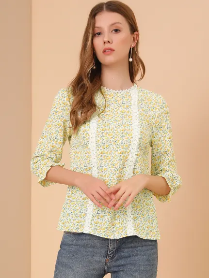 Allegra K- 3/4 Sleeves Ruffle Cuff Ditsy Floral Blouse