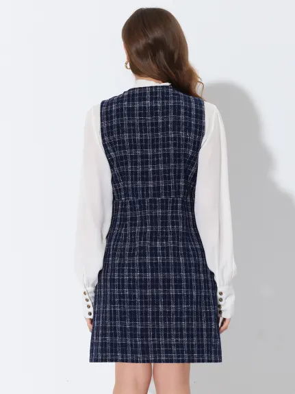 Allegra K- V col boutonné robe Vintage en Tweed à carreaux sans manches
