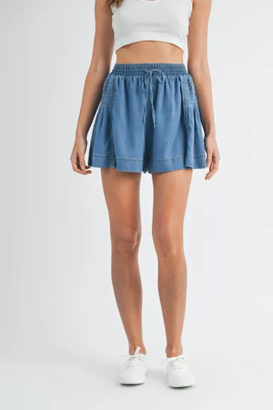Evercado - Side Pleated Flare Denim Shorts